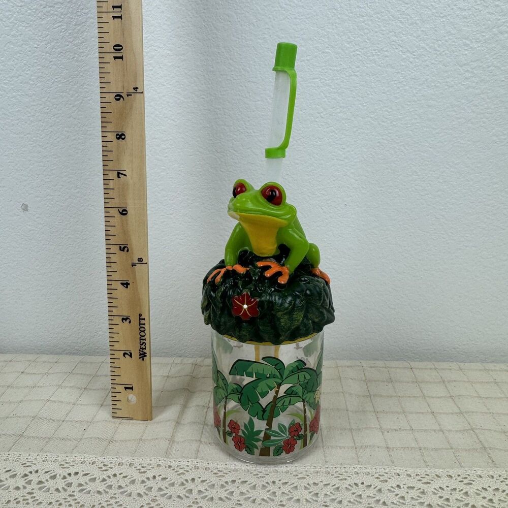 Vintage Rainforest Cafe Frog Tiki Mug Cup Straw & Lid Souvenir Drinkware